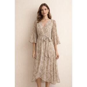 Bohemian Animal Print Sheer Wrap Midi Dress Fairycore Flowy Medium